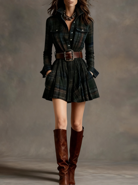 Bárbara | Robe chemise courte à carreaux vintage