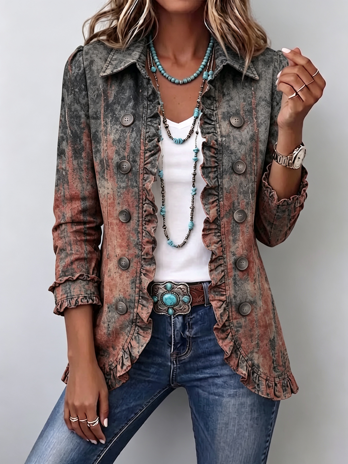 Flavia | Veste vintage à imprimé dégradé texturé et volants