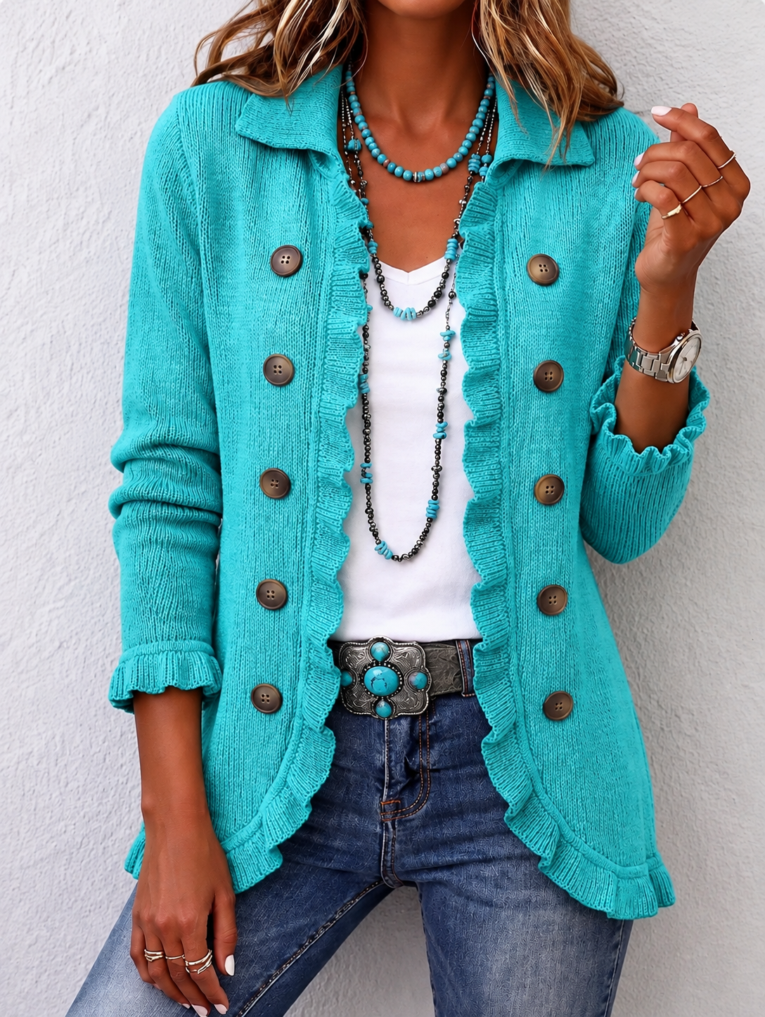 Silvana | Veste en maille côtelée turquoise à volants