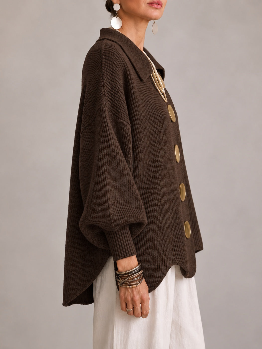 Graziella | Cardigan oversize côtelé à bord festonné, marron chocolat