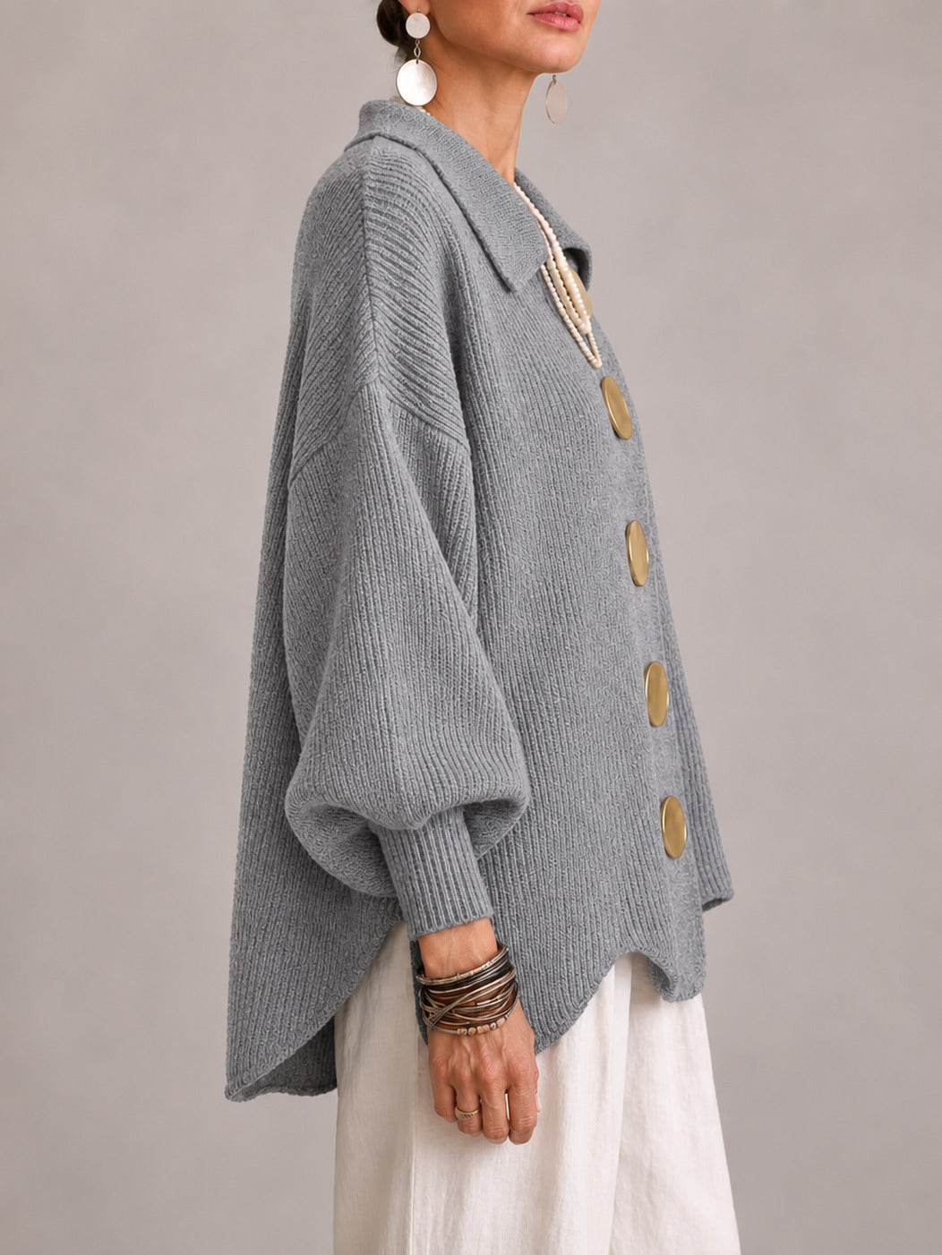 Rosanna | Cardigan oversize côtelé à bord festonné, gris
