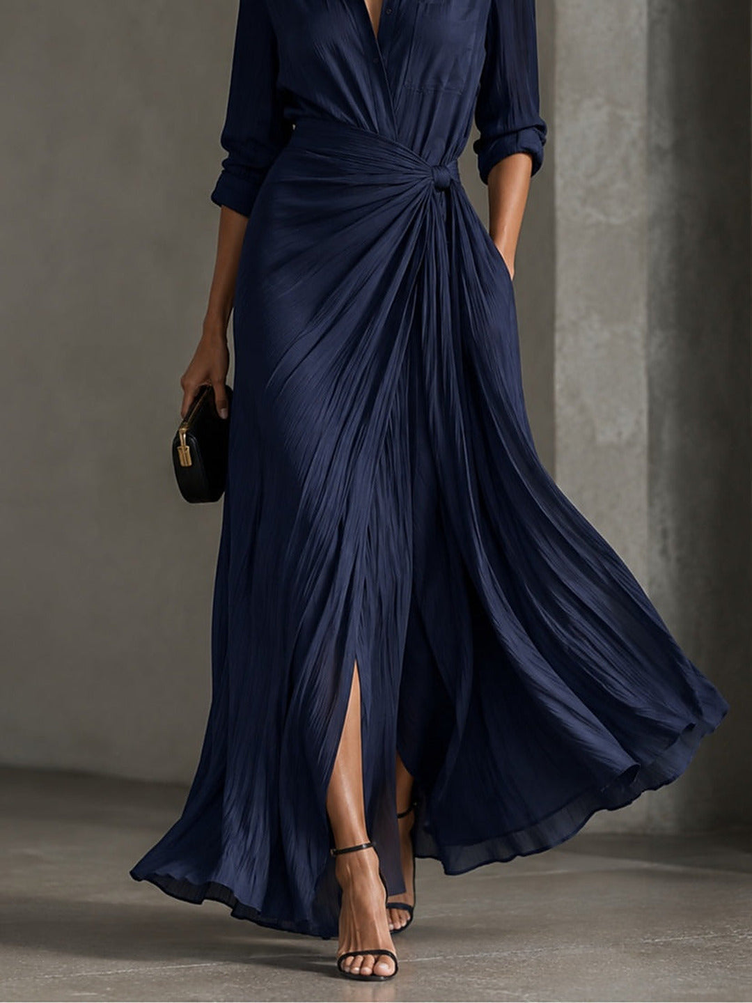 Allegra | Robe chemise maxi nouée à la taille, bleu marine