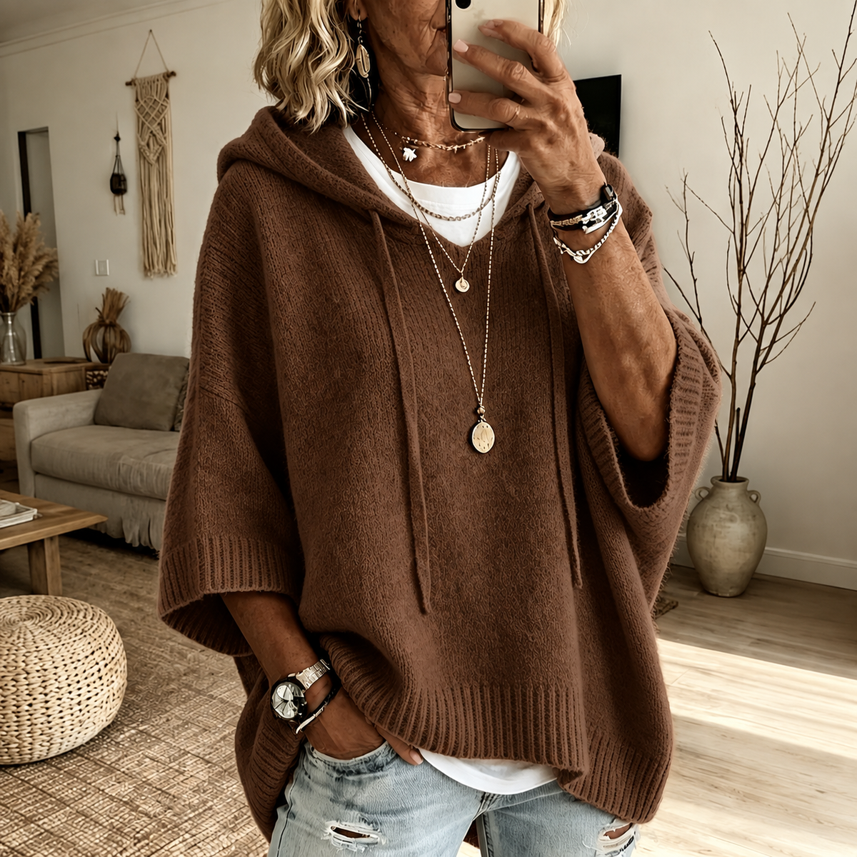 Lia | Pull poncho à capuche, marron