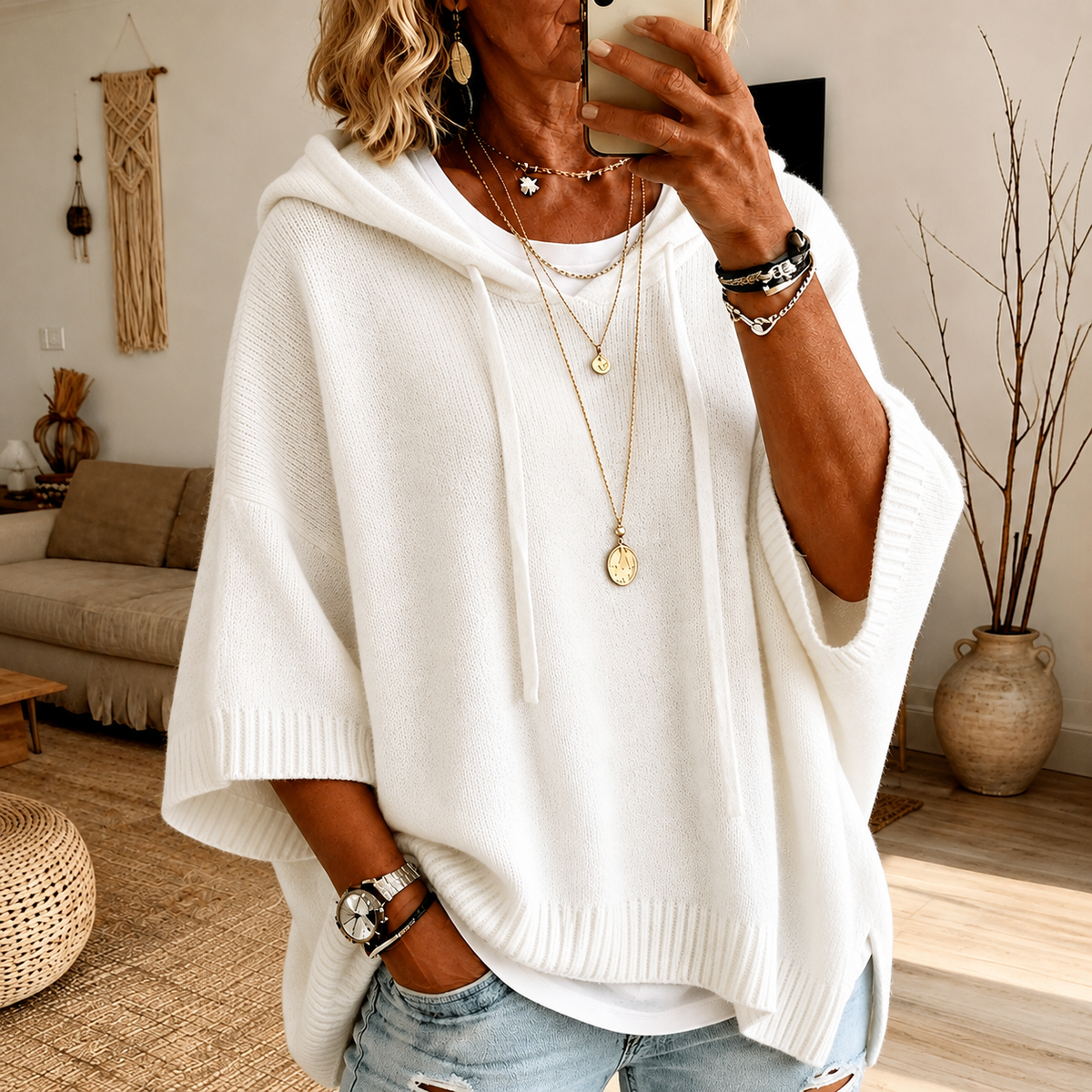 Gianna | Pull poncho à capuche, blanc