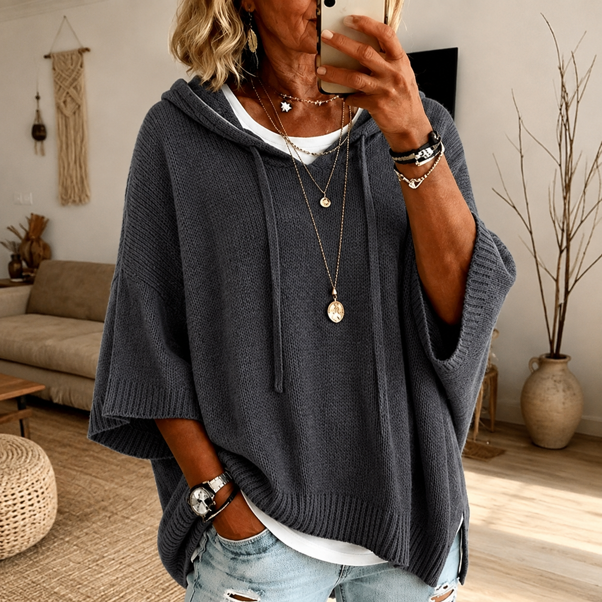 Cristiana | Pull poncho à capuche, anthracite