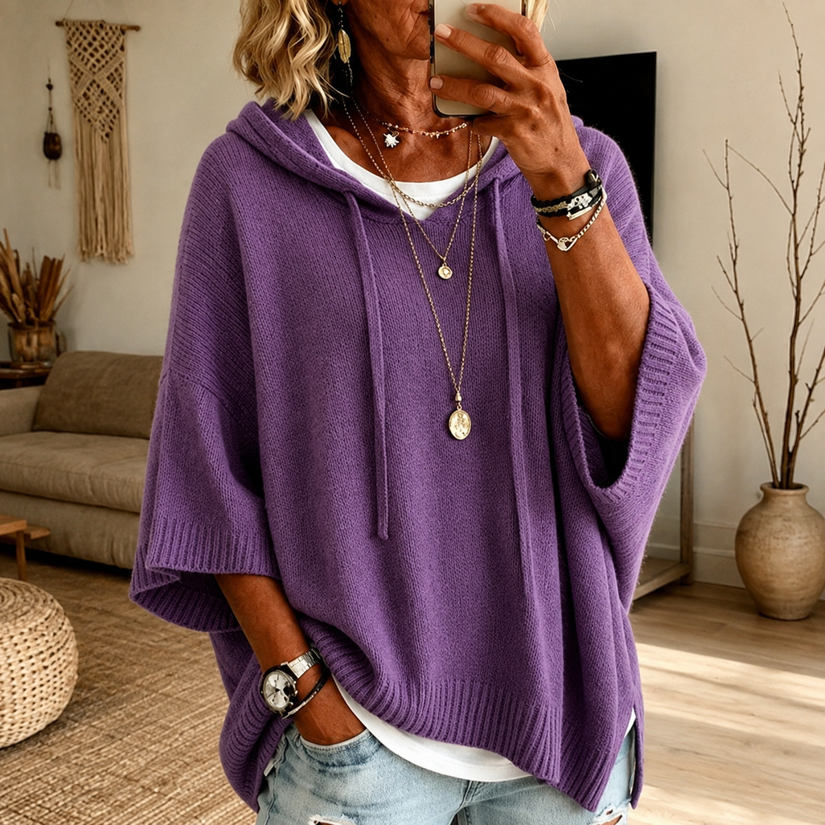 Lidia | Pull poncho à capuche, violet