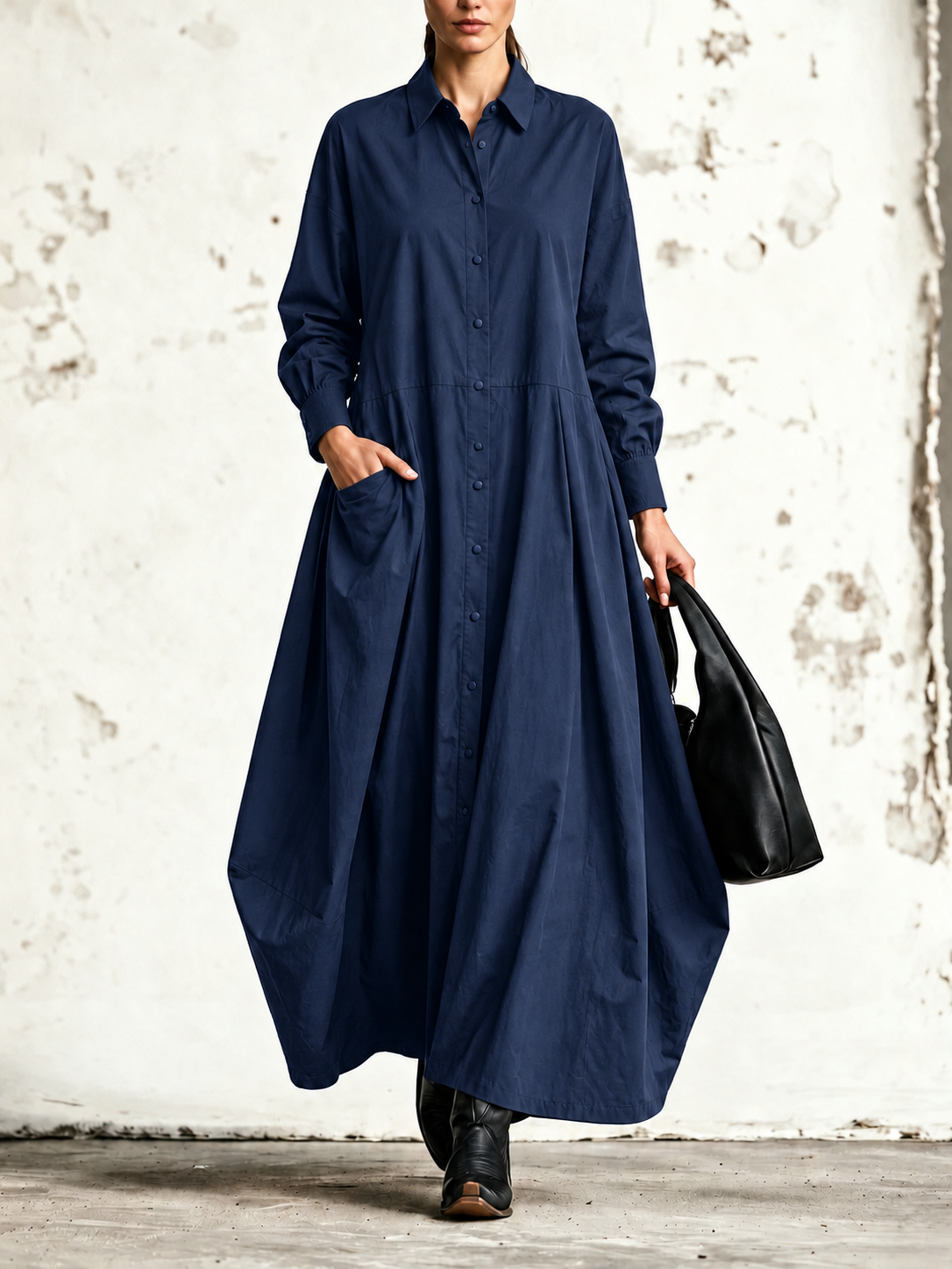 Adele | Robe chemise maxi à manches longues et boutons centraux