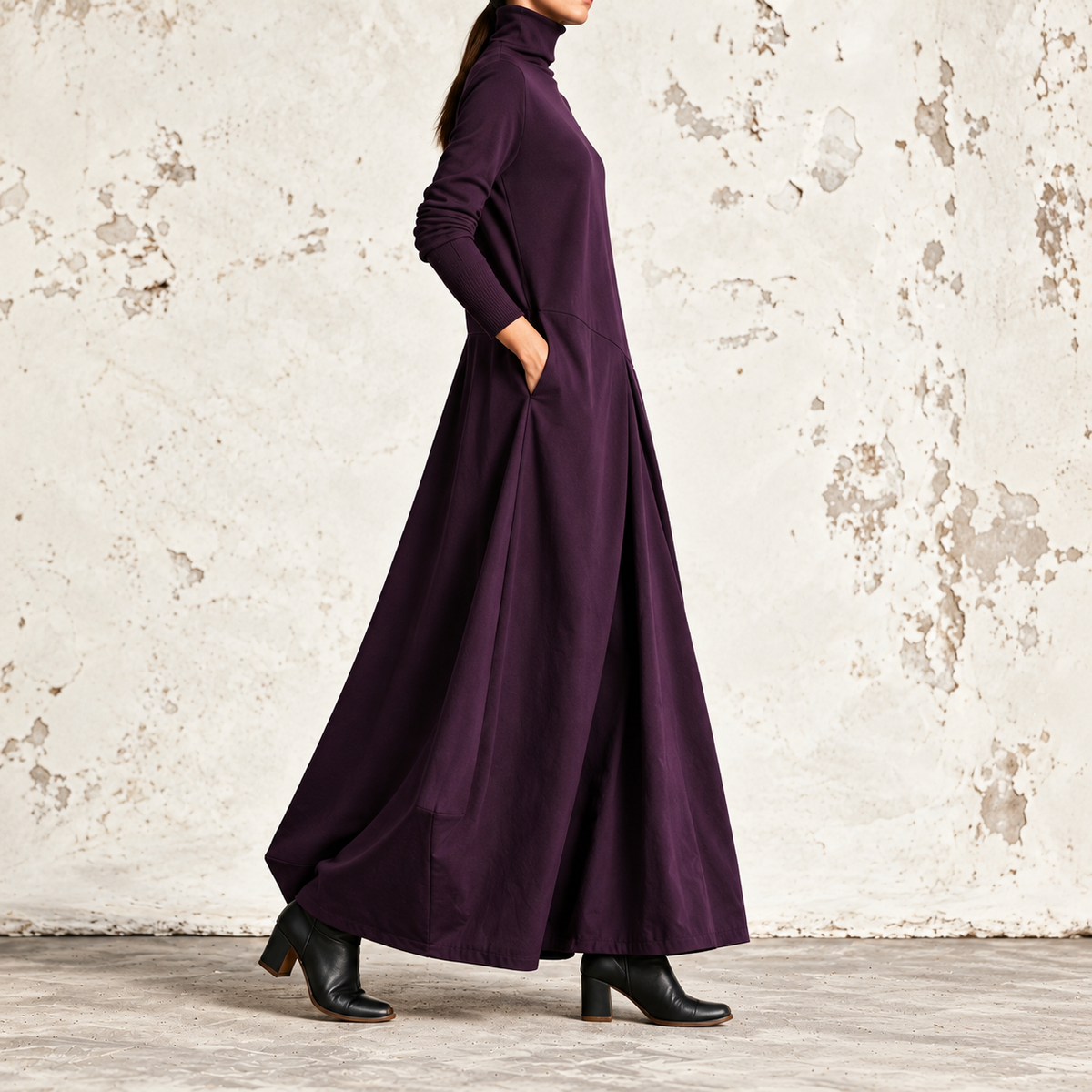 Fiammetta | Robe maxi à col montant, panneau diagonal et poches