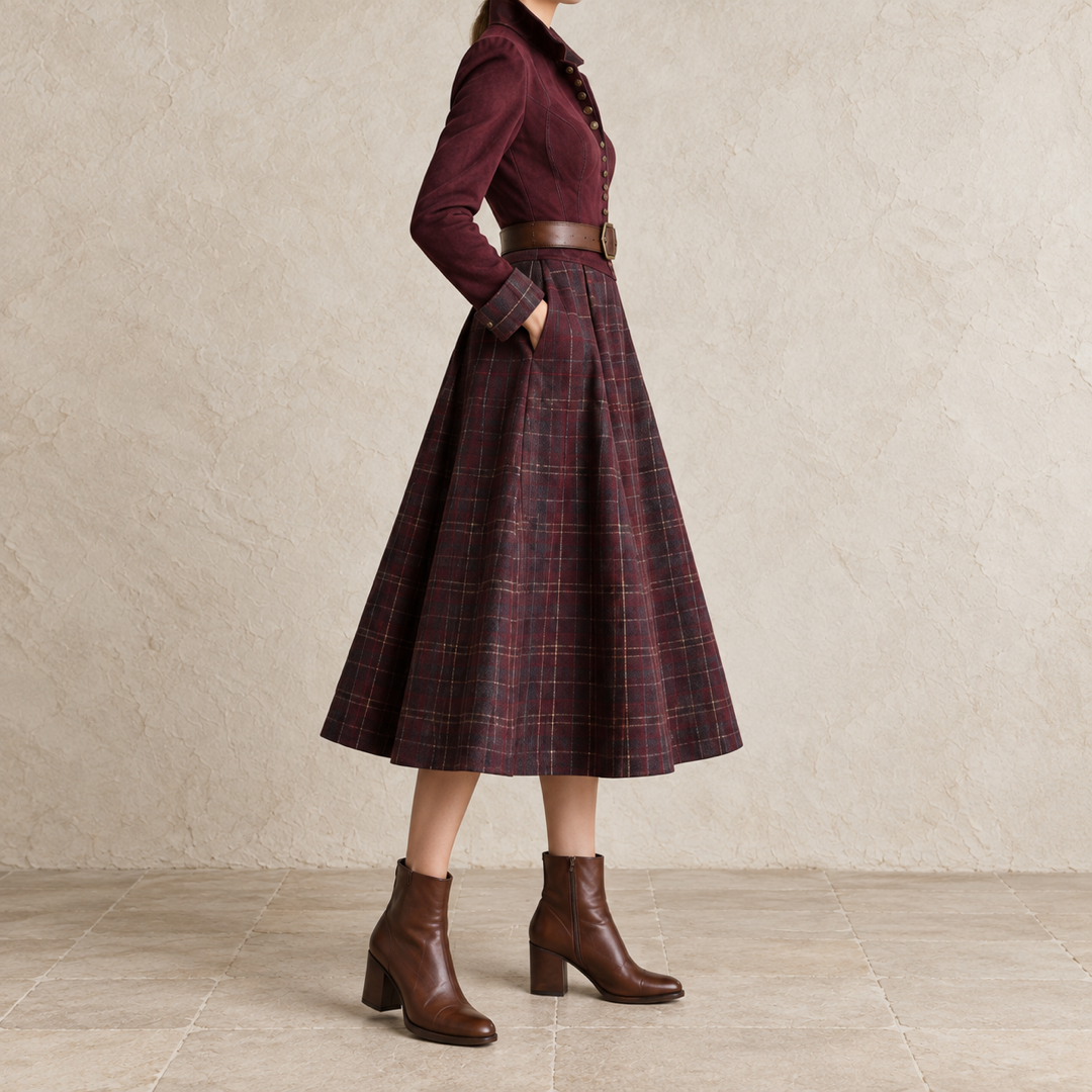 Flaviana | Robe midi à corsage uni et jupe à carreaux