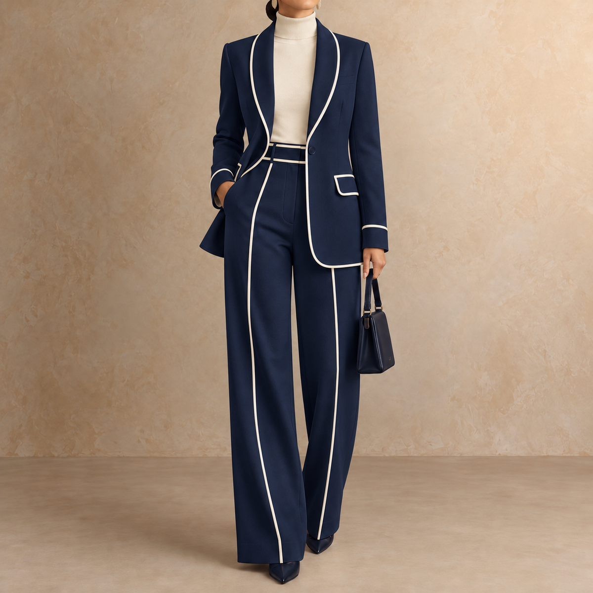 Clementina Scialle | Ensemble blazer à col châle et pantalon à finitions contrastantes