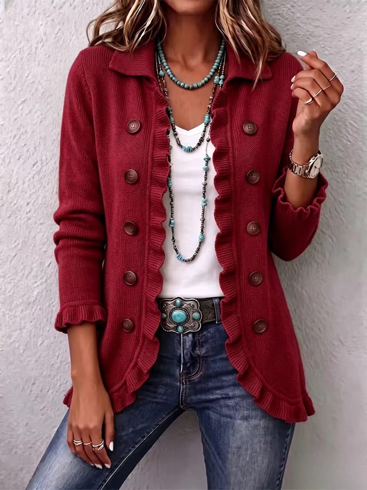 Marta | Veste en maille côtelée rouge rubis à volants