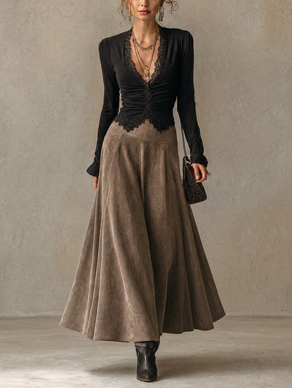 Albane | Ensemble Top en Dentelle et Jupe Maxi Suédine, Noir et Taupe