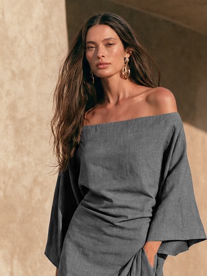 Aure | Robe Maxi Minimaliste Épaules Dénudées à Ourlet Volanté et Manches Évasées