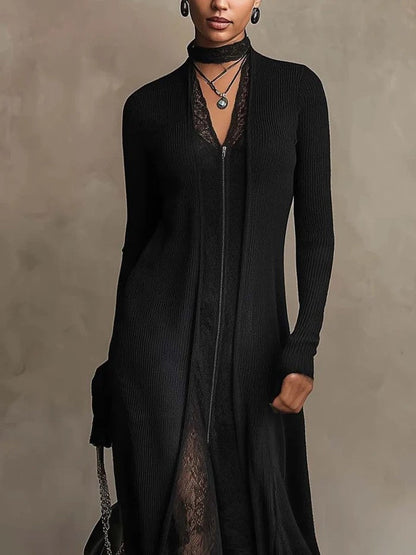 Solenne | Robe Maxi en Maille Côtelée à Dentelle, Noire