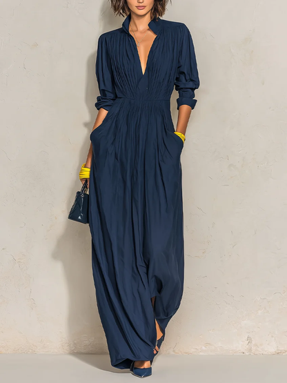 Azurine | Robe Longue Plissée Bleu Marine à Décolleté en V