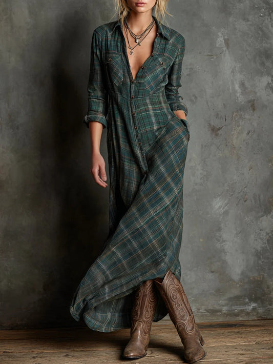 Valentine | Robe Longue Chemise à Col à Carreaux Verts