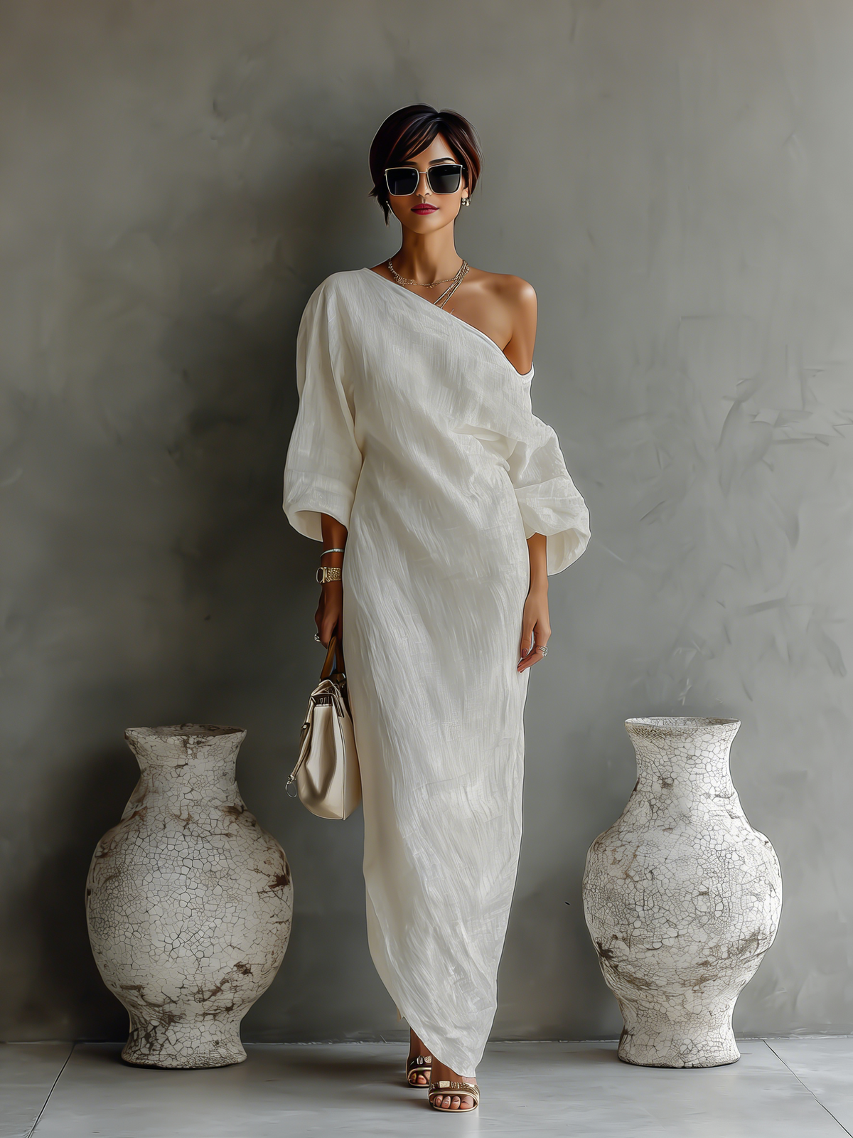 Robe longue fluide en coton et lin, blanc ivoire, à épaule dénudée