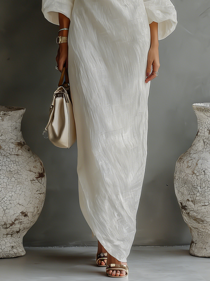 Robe longue fluide en coton et lin, blanc ivoire, à épaule dénudée