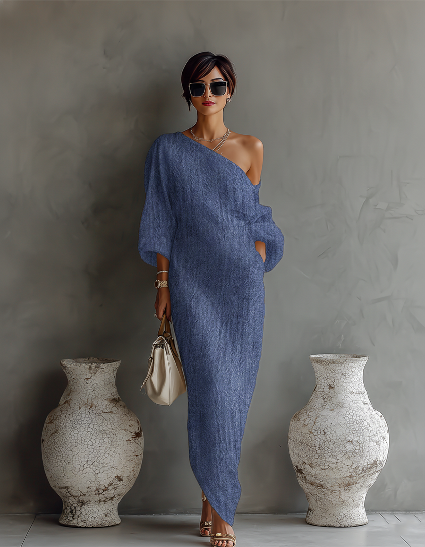 Robe longue fluide en coton et lin, blanc ivoire, à épaule dénudée