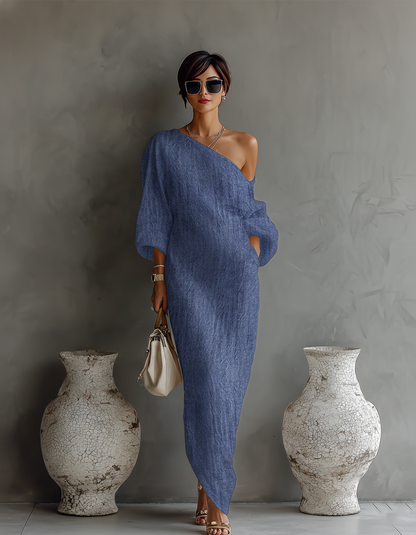 Robe longue fluide en coton et lin, blanc ivoire, à épaule dénudée
