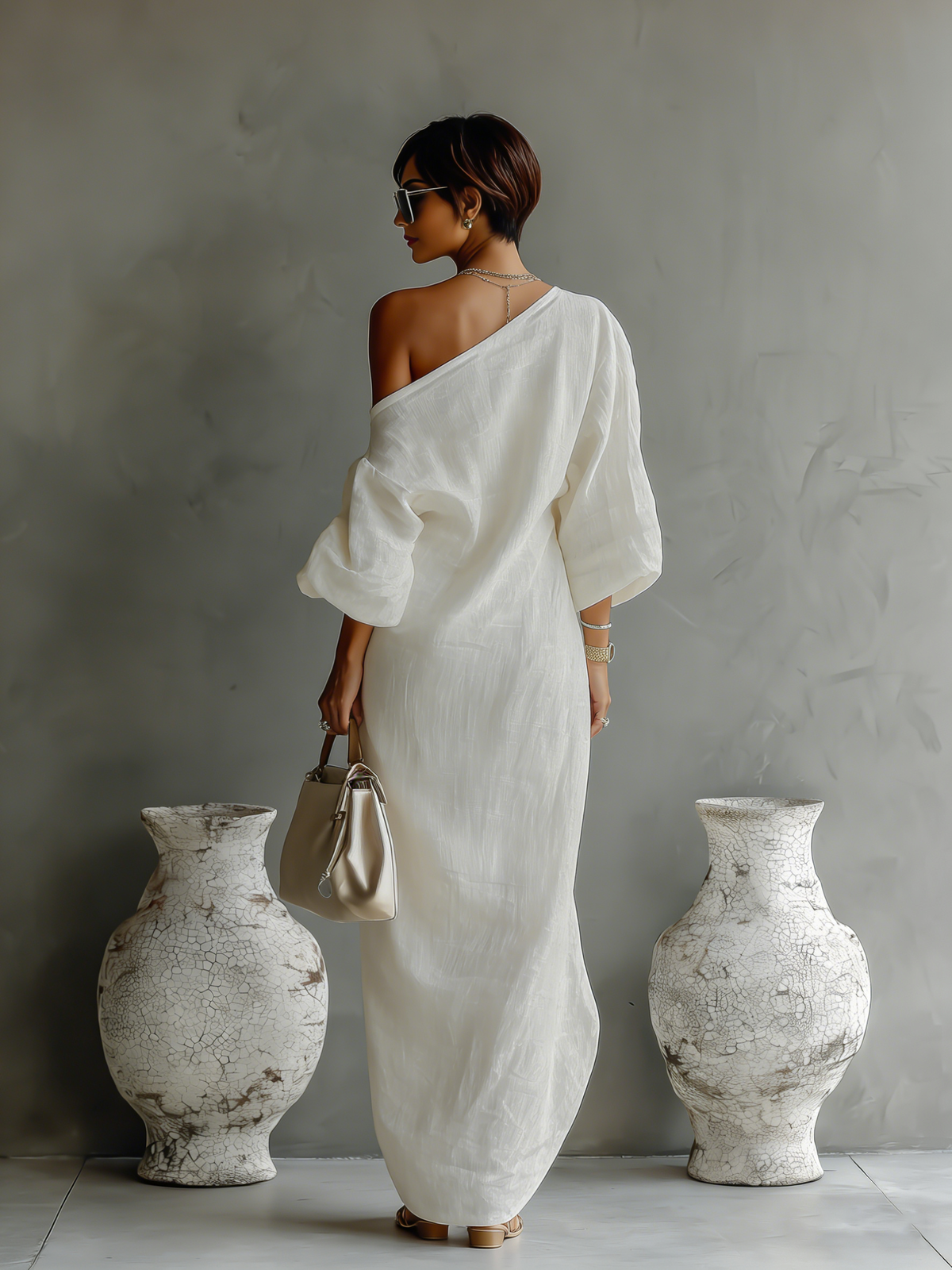 Robe longue fluide en coton et lin, blanc ivoire, à épaule dénudée