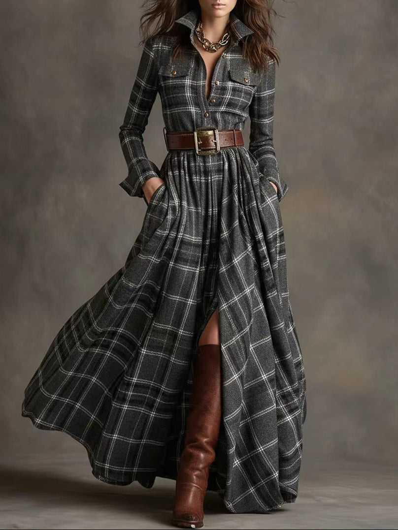 Beatriz | Robe longue à carreaux avec ceinture