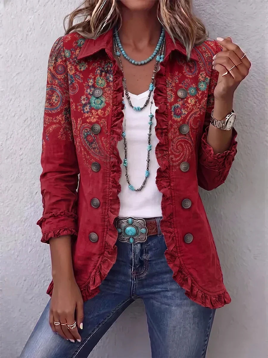 Carlotta | Veste bohème rouge à motif cachemire et volants