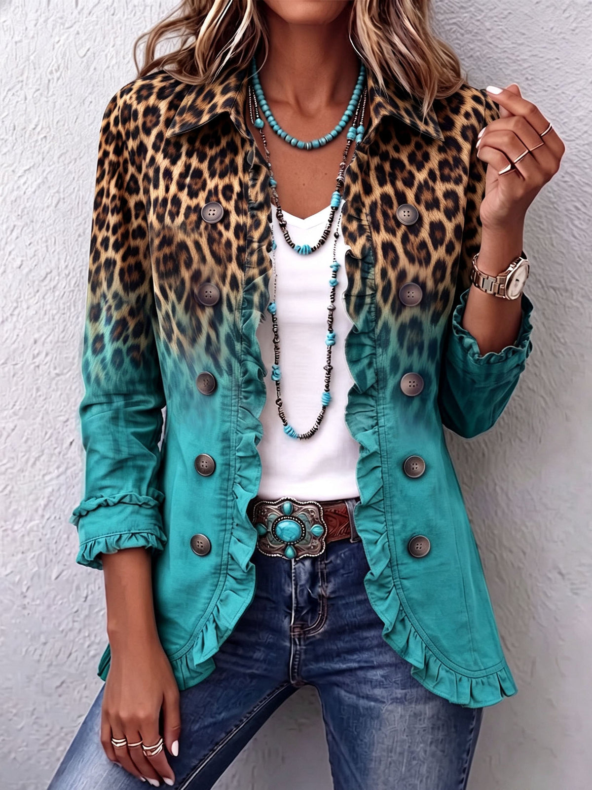 Beatrice | Blazer léopard turquoise dégradé à volants