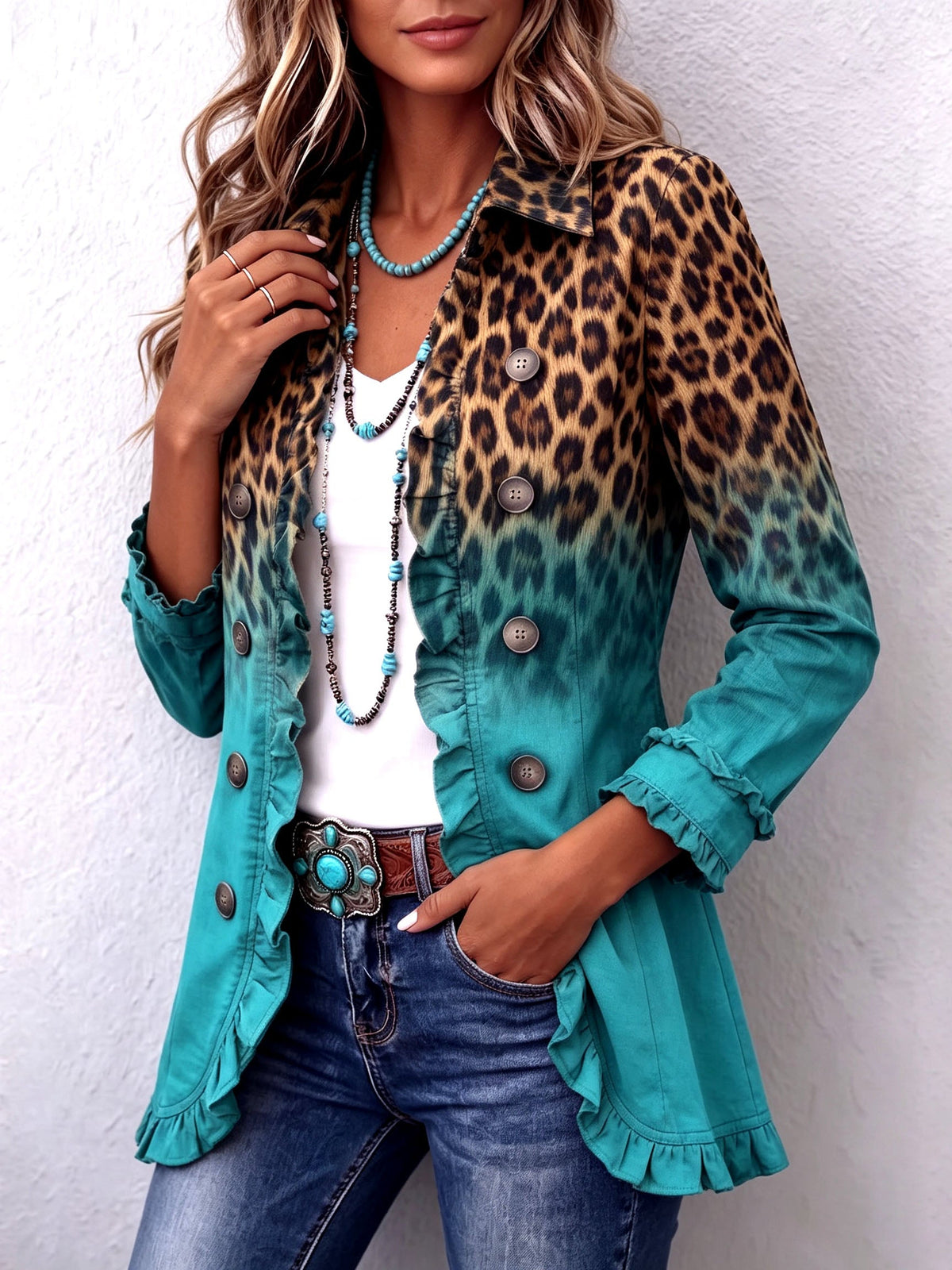 Beatrice | Blazer léopard turquoise dégradé à volants