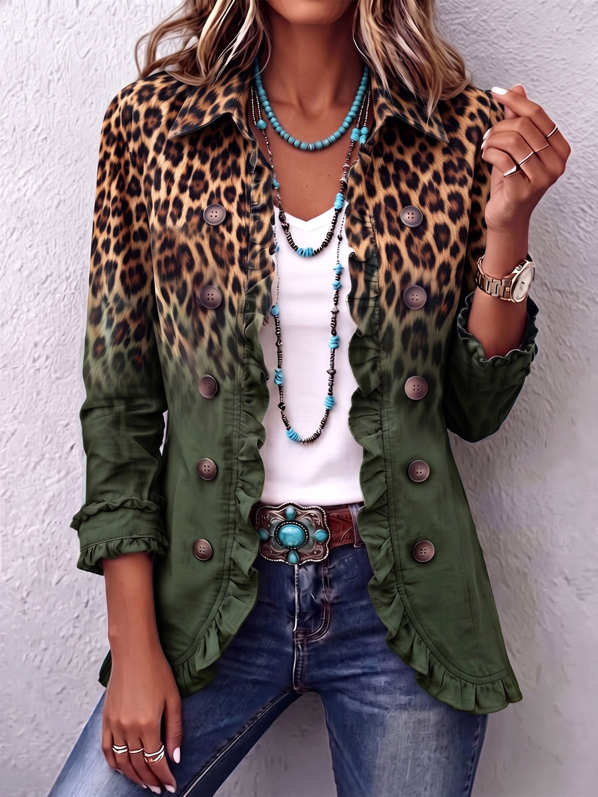 Beatrice | Blazer léopard turquoise dégradé à volants