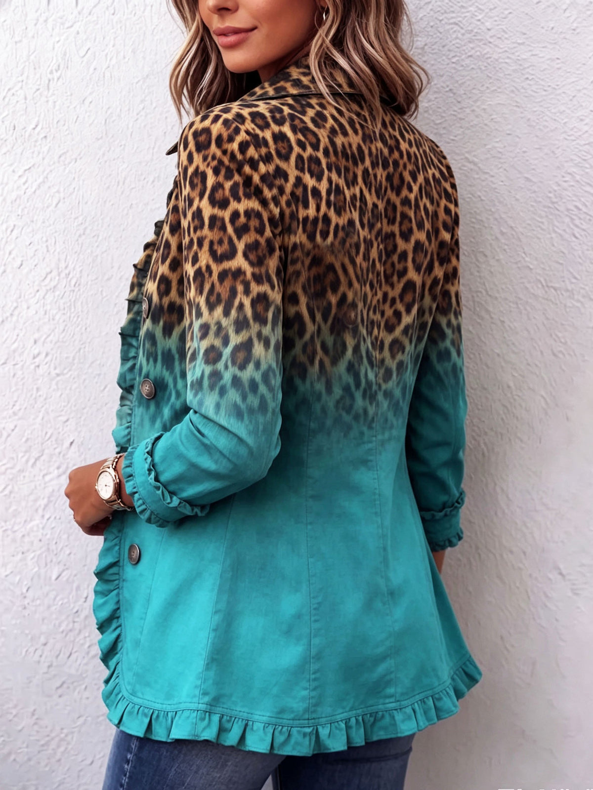 Beatrice | Blazer léopard turquoise dégradé à volants