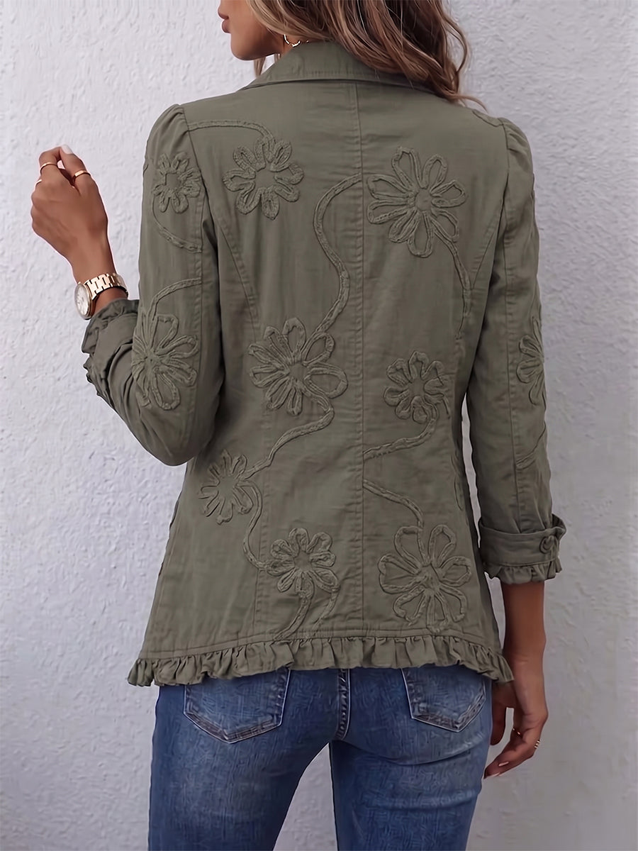 Alessandra | Veste bohème verte à broderies florales et volants