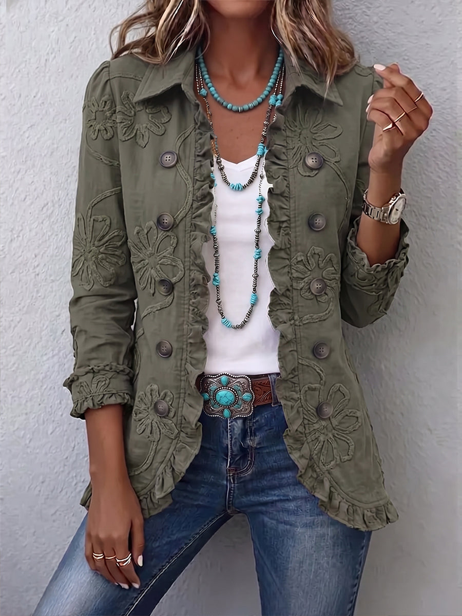 Alessandra | Veste bohème verte à broderies florales et volants