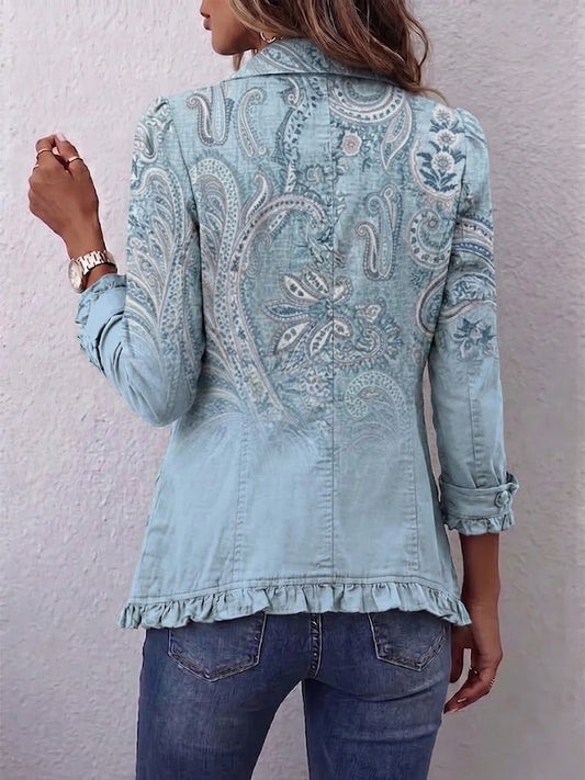 Emilia | Veste bleu ciel à motif cachemire vintage et volants