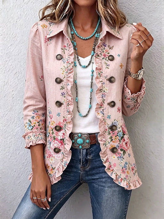Marzia | Veste à fleurs roses, volants et boutons