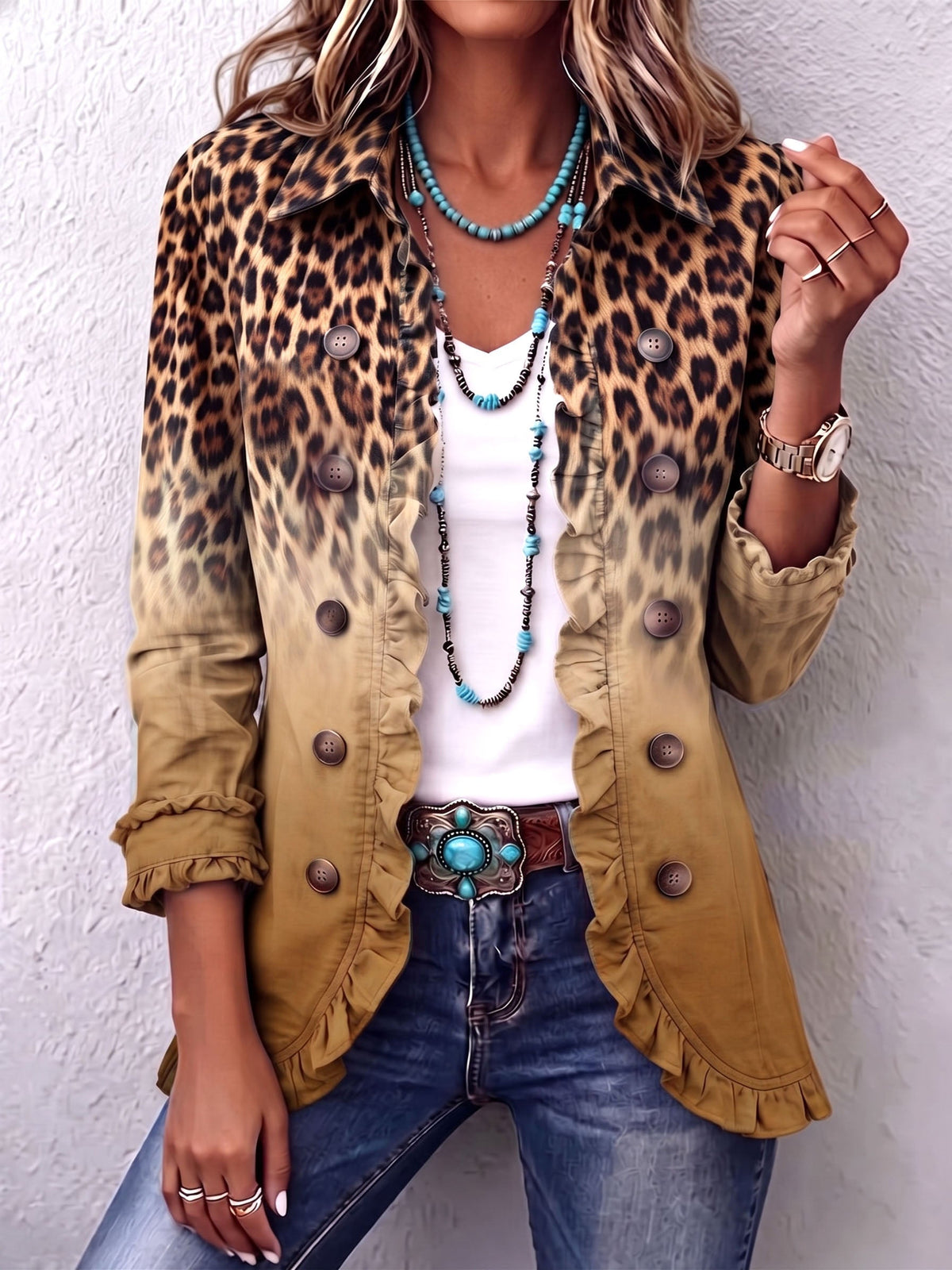 Paola | Blazer léopard ocre dégradé à volants