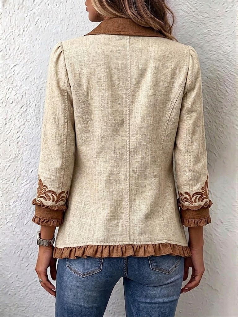 Ottavia | Veste bohème camel et marron à fleurs vintage et volants