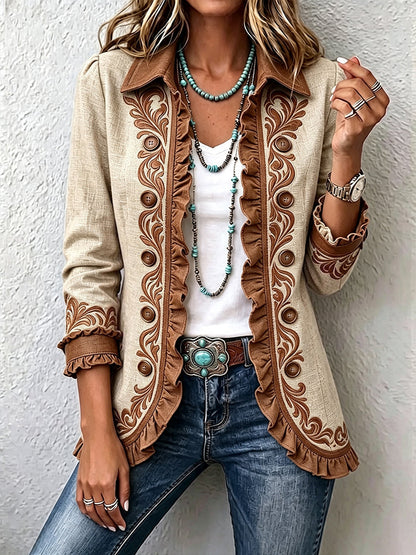 Ottavia | Veste bohème camel et marron à fleurs vintage et volants