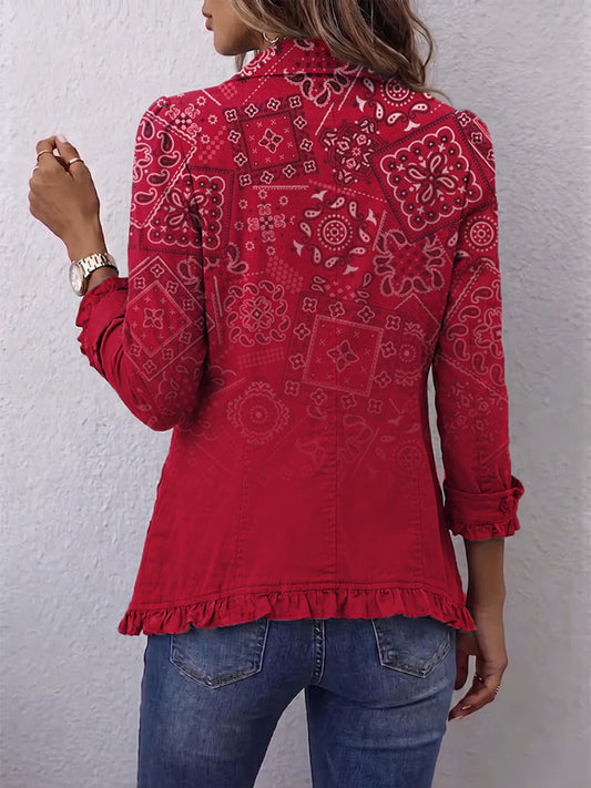 Gioia | Veste bohème rouge à motif cachemire dégradé et volants