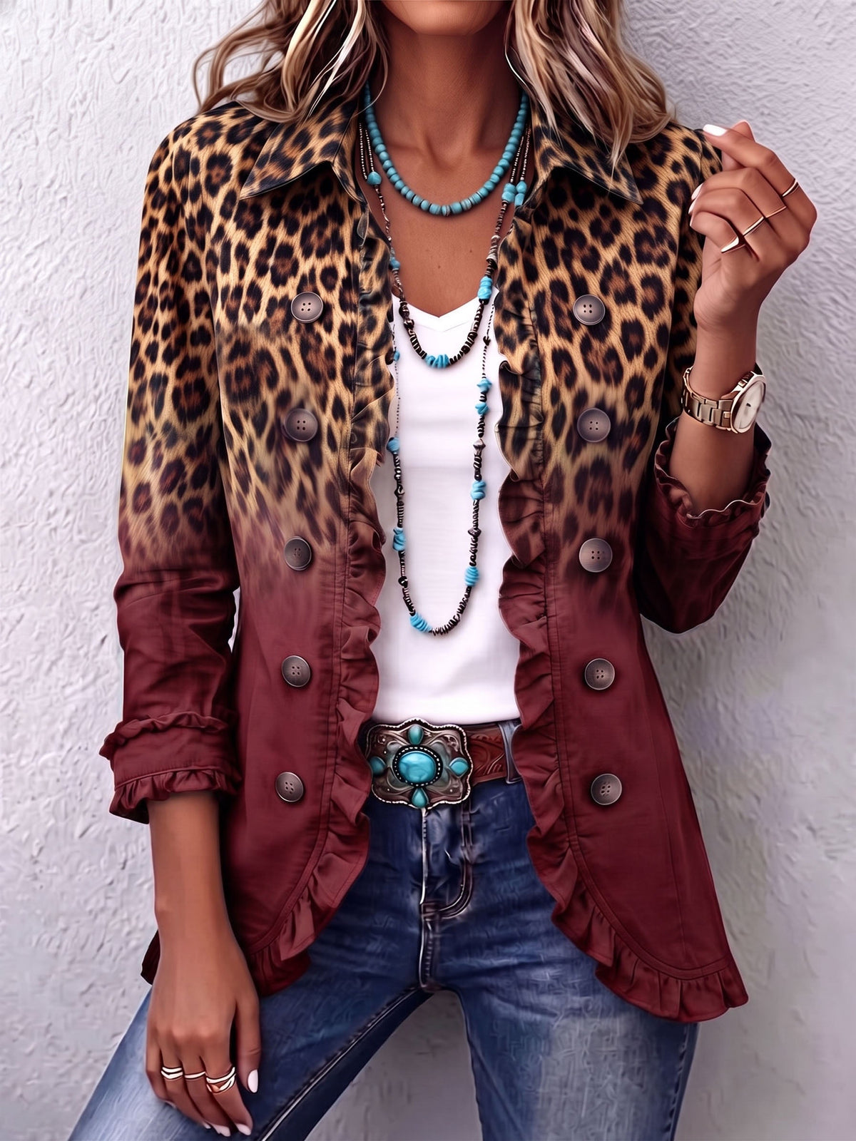 Olivia | Blazer léopard bordeaux dégradé à volants