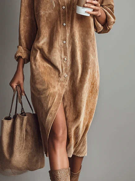 Fiorella | Robe midi ample en velours côtelé à poches poitrine