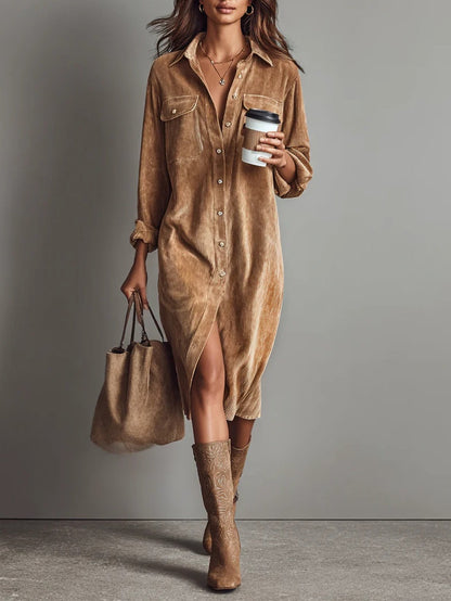 Fiorella | Robe midi ample en velours côtelé à poches poitrine