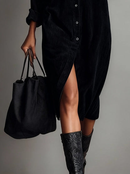 Fiorella | Robe midi ample en velours côtelé à poches poitrine