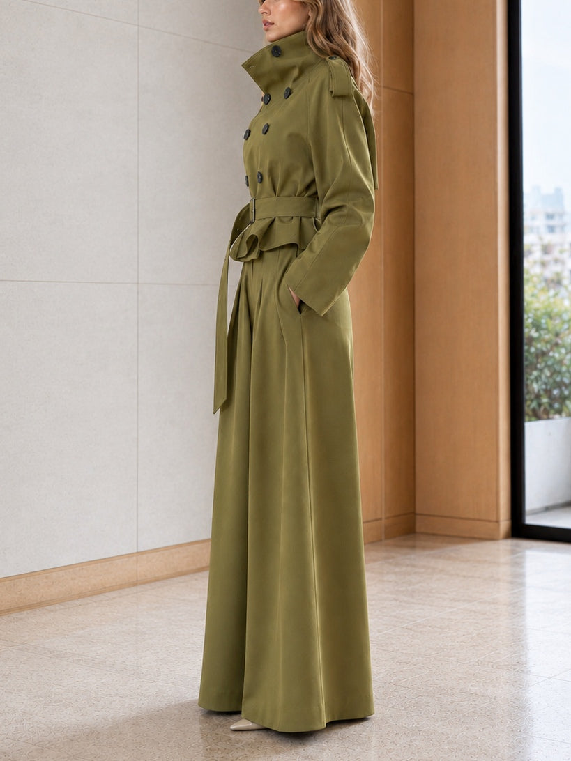 Alba | Ensemble vert olive avec veste courte croisée, ceinture et pantalon large taille haute