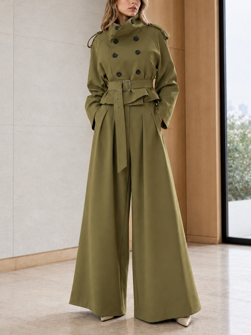 Alba | Ensemble vert olive avec veste courte croisée, ceinture et pantalon large taille haute