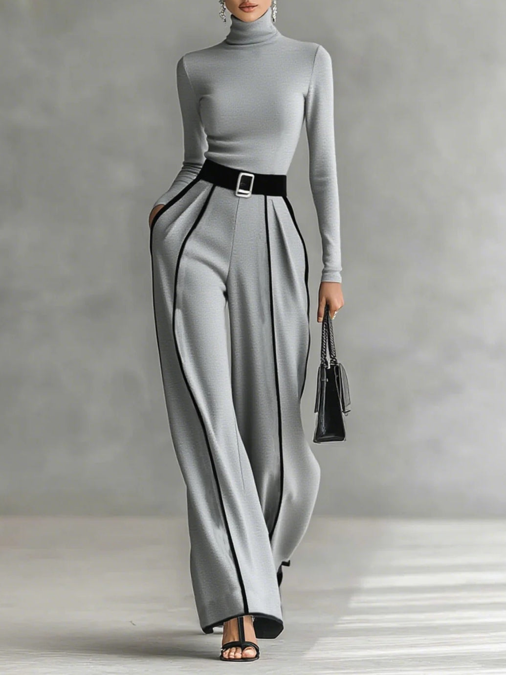 Adele | Ensemble à col montant contrasté, pantalon ample et ceinture