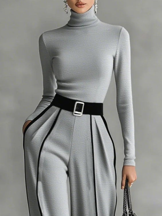 Adele | Ensemble à col montant contrasté, pantalon ample et ceinture