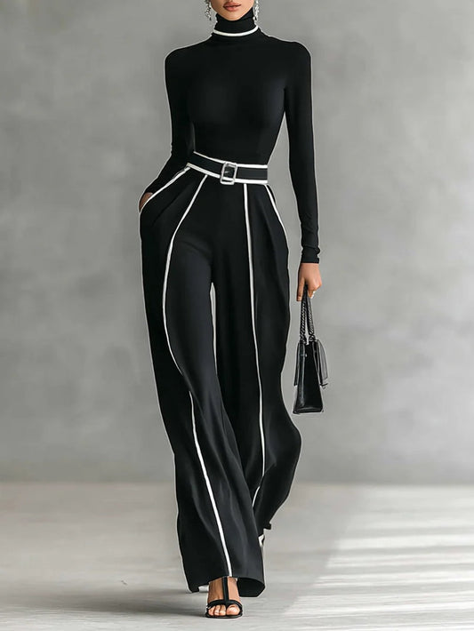 Adele | Ensemble à col montant contrasté, pantalon ample et ceinture