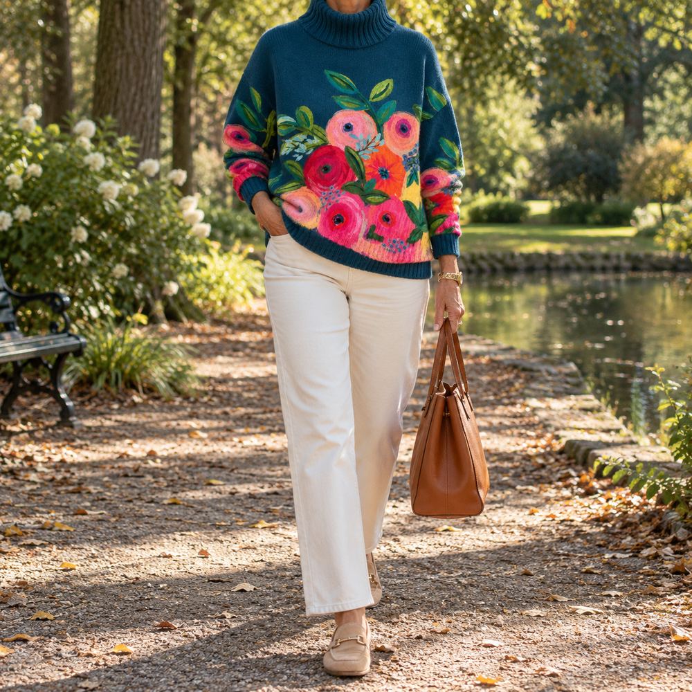 Alice | Pull doux à col montant et broderie florale
