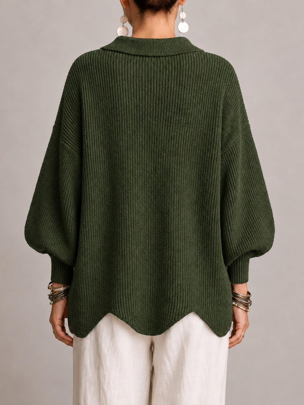 Elvira | Cardigan oversize côtelé à bord festonné, vert olive